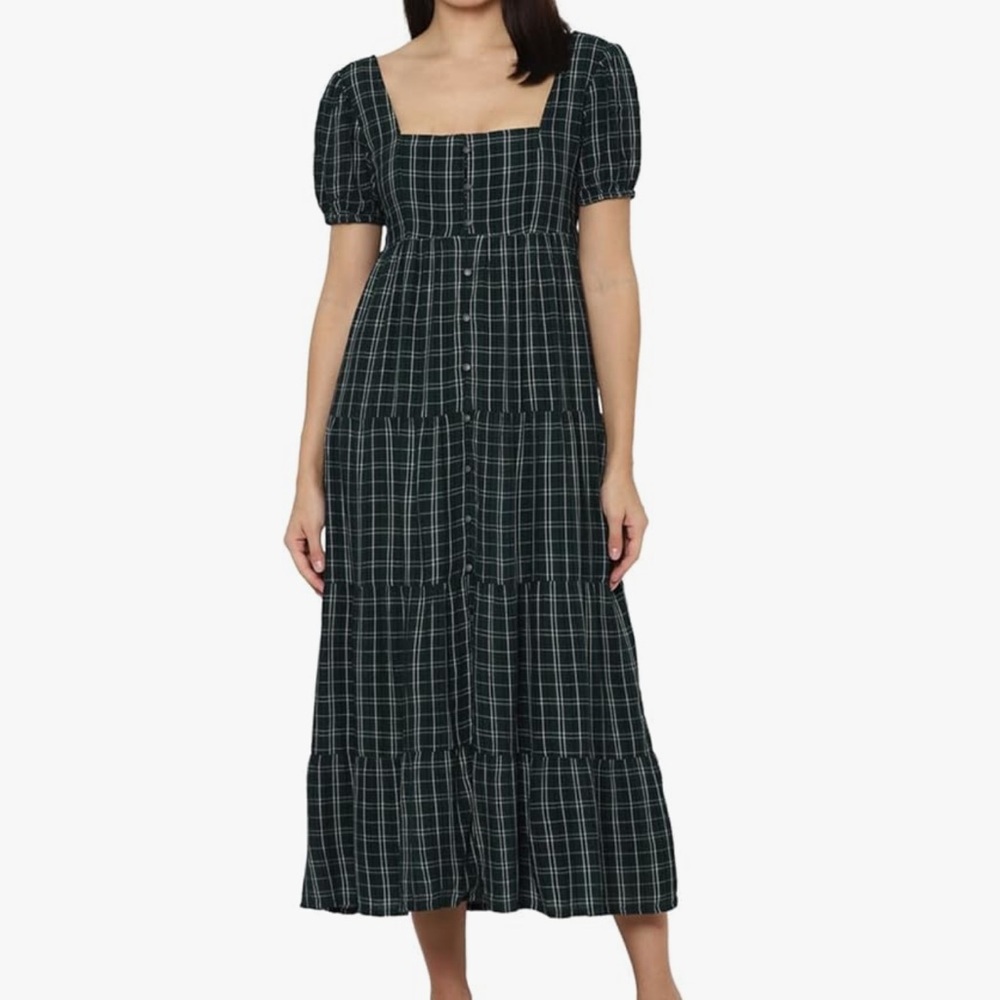 American Eagle women-green-tiered-buttonup-midi-dress
